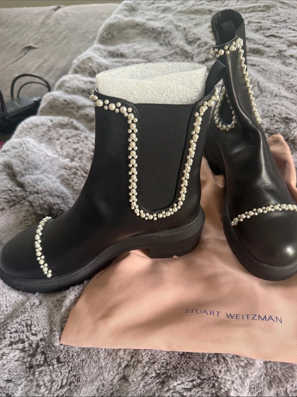Stuart Weitzman Black Leather Pearl-Trim Chelsea Booties